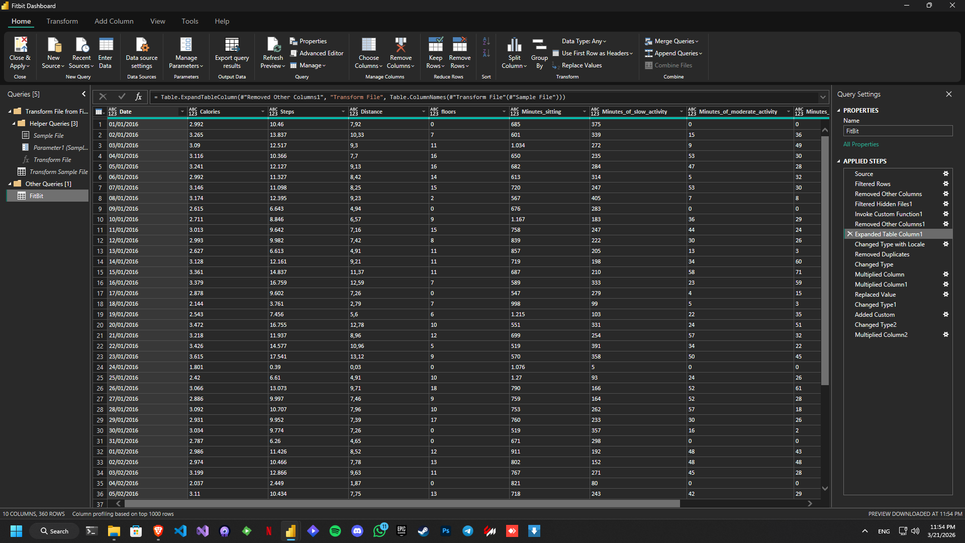 Power Query - FitBit table transformation